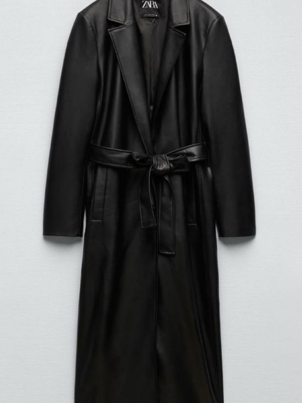 ZARA Black Faux-Leather Belted Long Coat